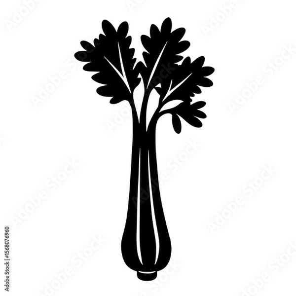Fototapeta Minimalist black silhouette of celery with ribbed stalks on white background