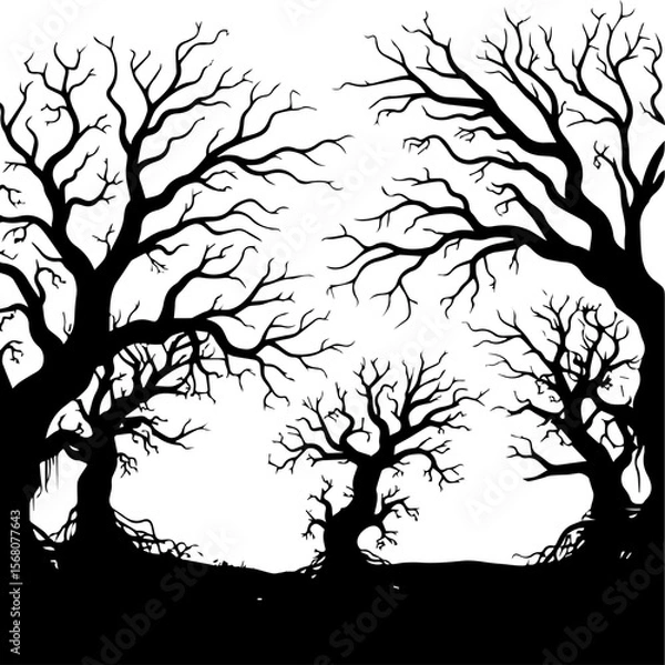 Obraz Spooky Bare Trees Silhouette in Haunted Forest, Eerie Woodland Scene with Gnarled Branches and Fog, 
Halloween Night: Dark Forest with Creepy Silhouettes.