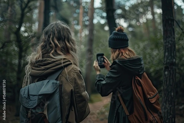 Obraz Clear Pixel Image of Woman Taking Picture of Her Friend in Forest