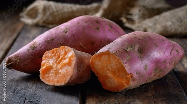 Obraz Harvesting sweet potatoes in a rustic farm setting culinary photography natural light close-up view