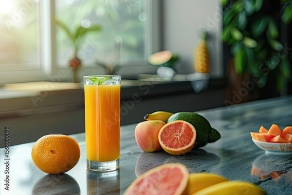 Obraz Ultra Quality Picture of Freshly Squeezed Juice in Glass and Fresh Fruit on Kitchen Table