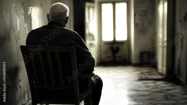 Fototapeta An elderly man sits alone in a chair, gazing toward a bright window, evoking themes of aging, solitude, and contemplation.