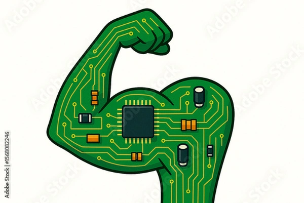 Fototapeta A muscular arm shaped as a green circuit board, fusing the concept of physical strength with modern technology on a white background.