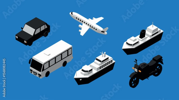 Fototapeta Isometric illustration of various modes of transportation on a vibrant blue background