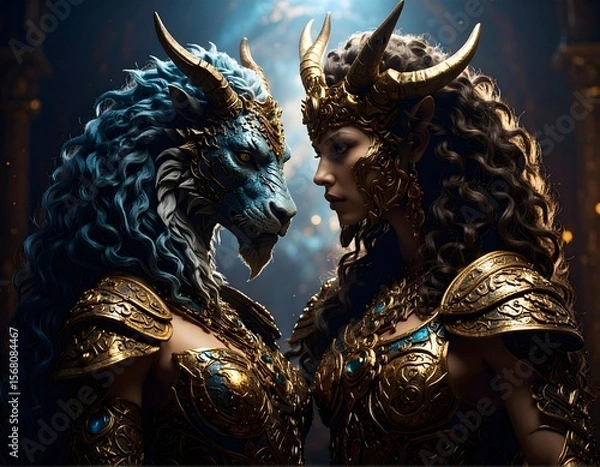Fototapeta Fantasy art featuring a majestic beast and a powerful warrior, rich in detail and adorned with intricate golden armor.