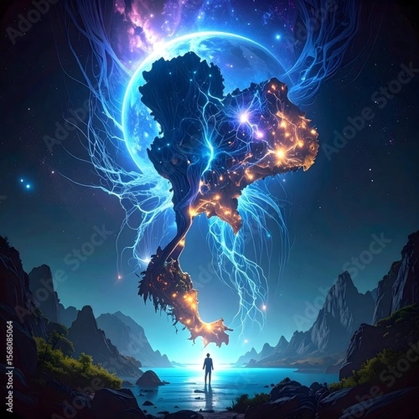 Fototapeta A captivating cosmic scene illustrating the interconnectedness of nature and the universe, blending beauty with surreal elements.