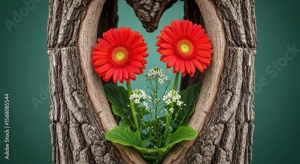 Fototapeta Red Gerbera Daisies and Baby's Breath in a Heart-Shaped Tree Hollow