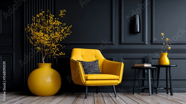 Fototapeta 3D rendering of a black panel wall with yellow decoration and an armchair in the interior design of a modern living room background mock-up