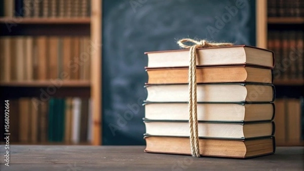 Fototapeta A close-up of three books tied together, signifying the value of knowledge and tradition, set on a bright desk with a modern library interior softly blurred in the background