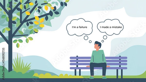 Fototapeta Man sitting on bench in park reflecting on mistakes and failures  