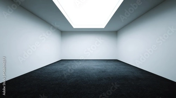 Fototapeta Minimalist white walled interior with dark carpeting and sleek ceiling lighting, emphasizing clean spatial design and tranquil contemporary aesthetic