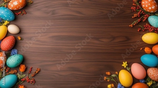 Obraz Vibrant Easter Eggs and Spring Flowers on Wooden Table background
