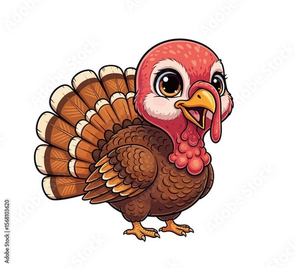 Fototapeta Cute cartoon turkey bird roaming free and happy on the farm - isolated white background chibi illustration