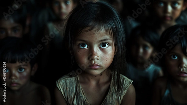 Fototapeta A young girl with striking eyes gazes from a group of children, portraying poverty and resilience in a dark setting.