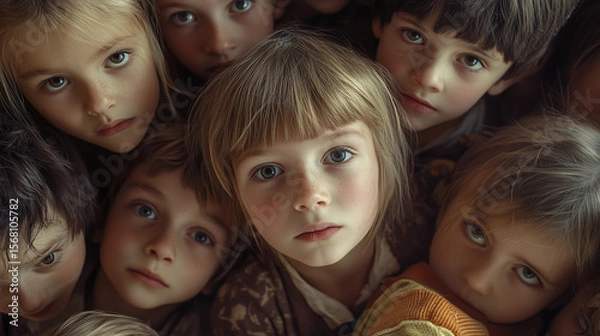 Fototapeta A group of children gathers closely, their faces reflecting curiosity, innocence, and a touch of solemnity in a heartwarming gathering.