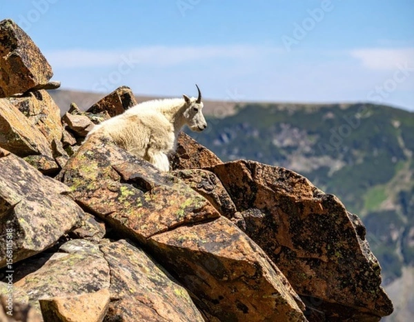 Fototapeta Mountain goat perched on rocky summit