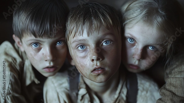 Fototapeta Trio of children with striking blue eyes displays poignant emotion, hinting at stories of hardship and resilience in a vintage setting.
