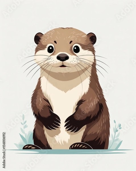 Fototapeta Cute otter standing on its hind legs amidst soft greenery, exuding charm and playfulness in a whimsical illustration