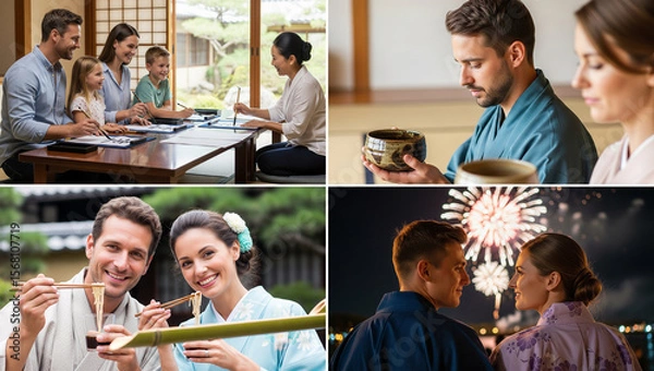 Obraz 日本旅行・インバウンドの体験ツアー：書道・茶道・流しそうめん・花火大会のイメージ