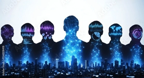 Obraz silhouettes of people with glowing data patterns and connected cityscape