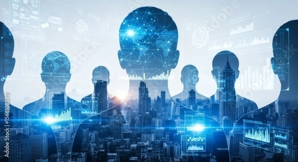 Obraz global business network and data analysis concept with interconnected people in a futuristic city