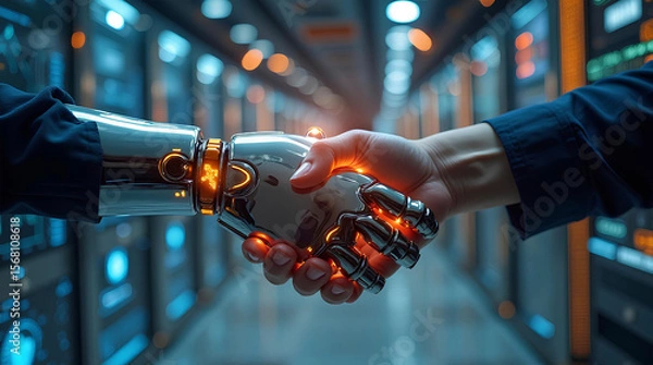 Fototapeta Human and AI Robot Handshake in Futuristic Server Room – Artificial Intelligence Collaboration Concept