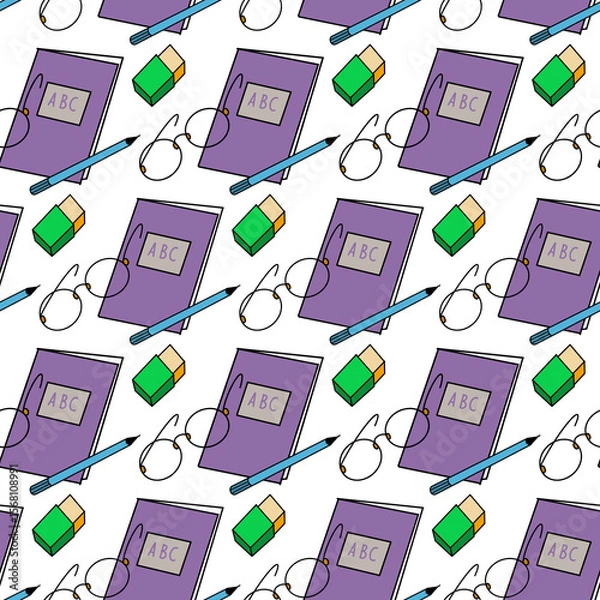 Fototapeta Seamless pattern with different stationery, pencil, brush, books, pen, eraser, magnifying glass. Hand drawn black objects on green background. Education Back to School. For wrapping, fabric, wallpaper