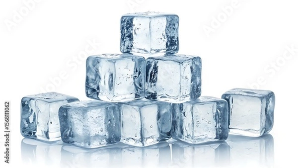 Fototapeta Collection of transparent ice cubes with natural reflections, isolated on clean white background for chill-themed visuals.