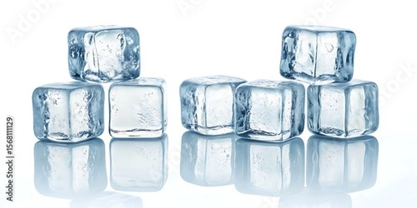 Fototapeta Collection of transparent ice cubes with natural reflections, isolated on clean white background for chill-themed visuals.