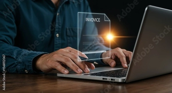 Fototapeta Businessman using laptop to manage a holographic digital invoice. Ideal for concepts like e-invoice, online billing, tax, and modern digital accounting and tax processing solutions.