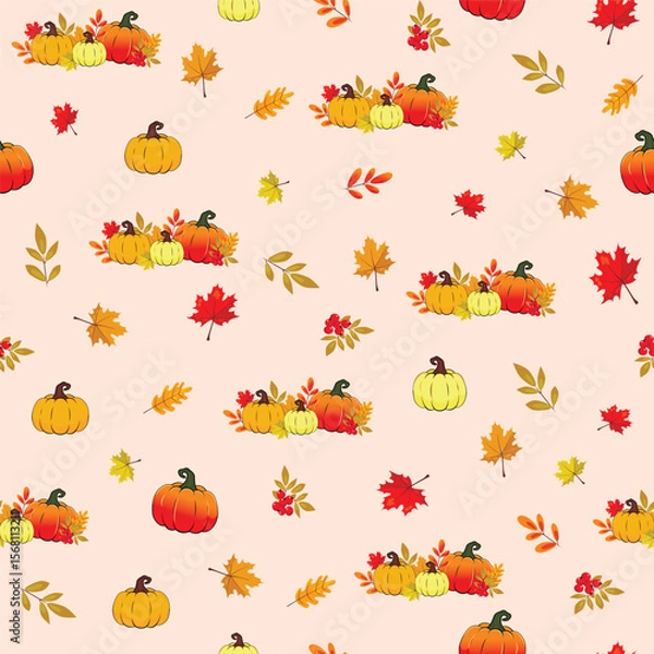 Obraz autumn seamless pattern with pumpkins, autumn leaves and berries