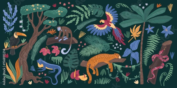 Fototapeta Jungle animals. Tropic toucan bird, cute nature parrot, safari zoo. Monkey, snake and jaguar. Pattern exotic palm and liana background. Rainforest art. Vector cartoon illustration