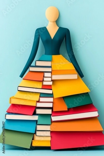 Fototapeta Artistic fashion croquis of a female figure dressed in a conceptual outfit made of notebooks and pencils, academic and surreal back-to-school couture illustration, minimal line art, blue background
