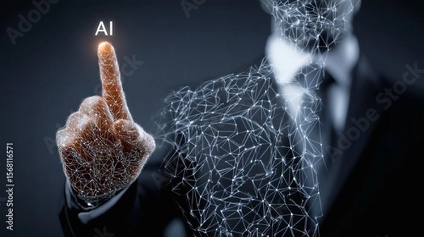 Fototapeta Interaction IA, doigt pointant hologramme AI avec réseau connecté