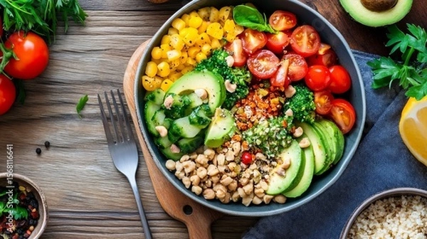 Fototapeta Colorful plant-based lunch with fresh ingredients served on rustic wooden table, top view