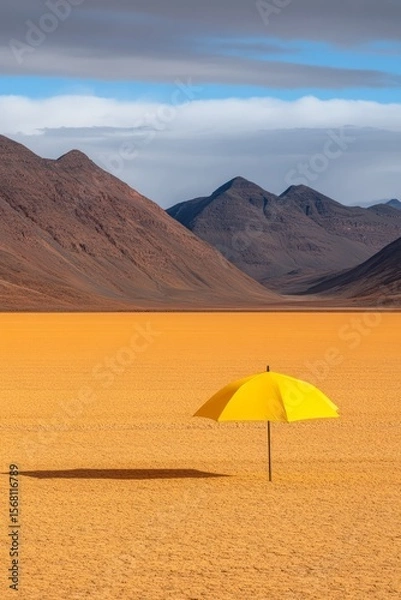 Fototapeta Lone parasol in the desert casting a single shadow, surreal heatwave concept with soft retro tones and warm minimal palette