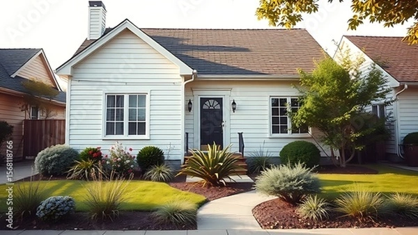 Obraz Suburban house with clean architectural lines and a front garden, bathed in soft daylight within a simple residential area.