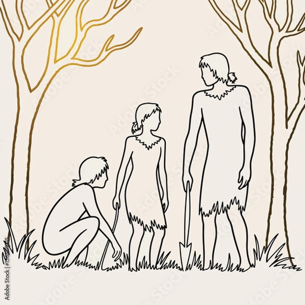 Obraz Three people in primitive clothing stand near trees