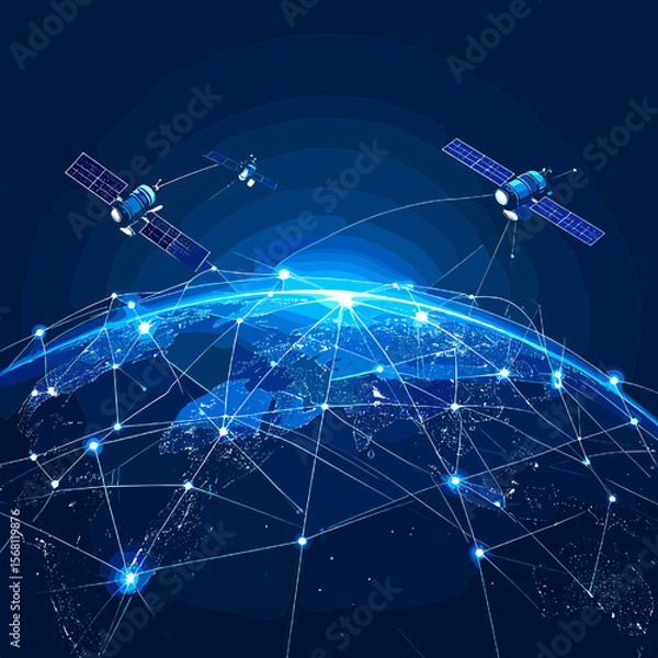Obraz Global Satellite Network Connecting Earth in Blue Digital Space