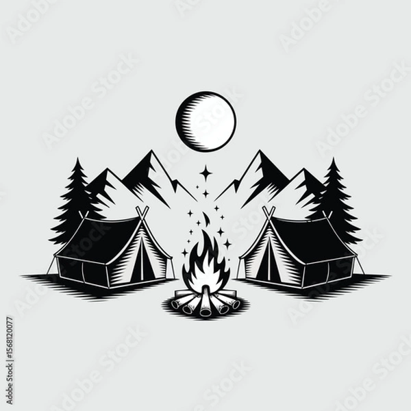 Obraz Camping scene with tents and campfire under moonlit mountains
