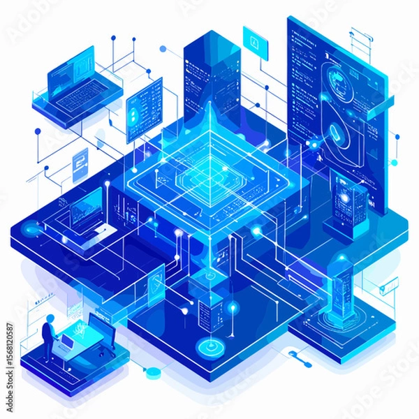 Fototapeta Isometric Blue Digital Network of Server and Database Connection with Abstract Technology Structure for Cloud Computing and Information Systems