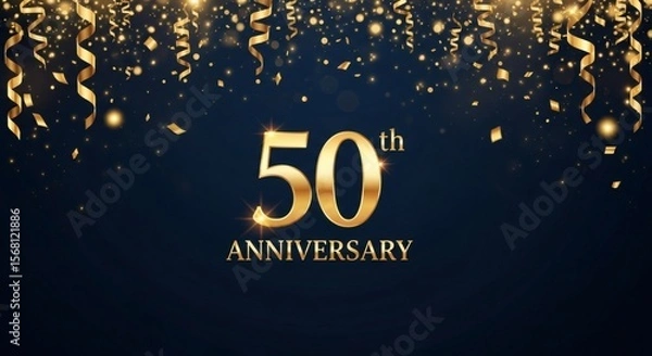 Obraz 50th anniversary golden celebration background with confetti and ribbons on dark blue