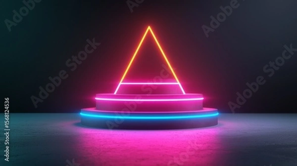 Fototapeta Symbolize of organization chart. Neon triangle and circular platform on a dark background.