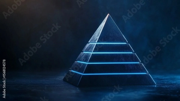 Fototapeta Symbolize of organization chart. Abstract pyramid structure with illuminated edges in dark environment.