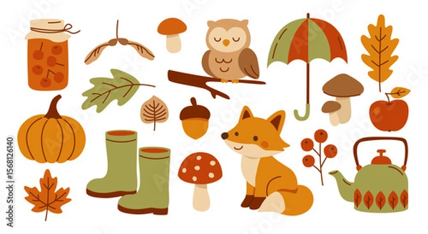 Fototapeta Fall season. Owl, Fox, Pumpkin, Mushrooms, Rubber boots, Jam, Acorn, Kettle, Umbrella. Autumn Forest. Collection of fall elements in hand drawn style