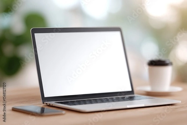 Fototapeta flat-lay banner mockup showing folded pop-up banner lying next to laptop phone and coffee on wood desk