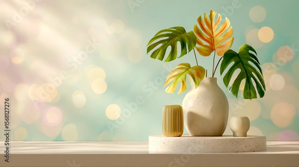 Fototapeta 3D rendering of a white concrete table with leaves and a vase on a pastel background with sun rays and a bokeh effect