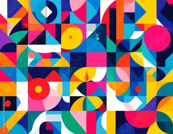 Fototapeta Vibrant Geometric Abstract Pattern with Colorful Circles Triangles and Squares Seamlessly Tiled for Dynamic Design Background