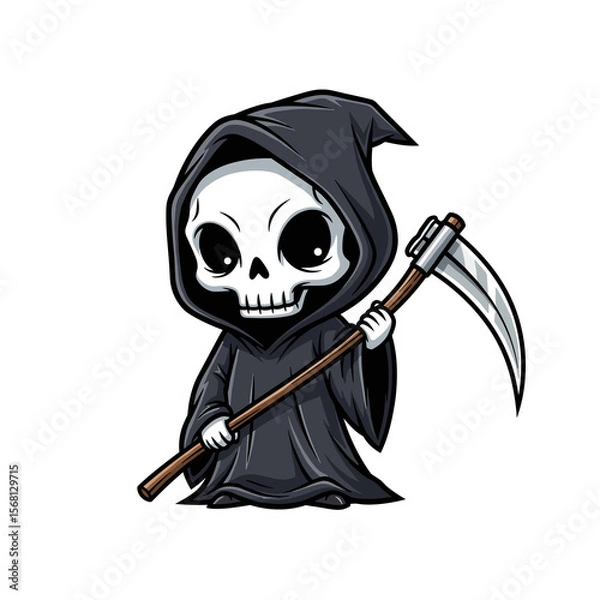 Fototapeta Cute cartoon grim reaper of souls in a black robe holding his sharp scythe - isolated white background chibi illustration