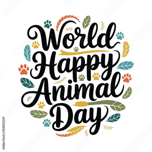 Obraz World happy animal day text with paw prints and leaves isolated on white background